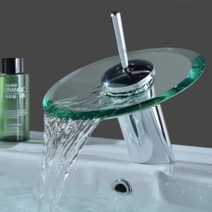 robinet salle de bain bec rond verre argenté