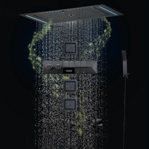 Système de douche laiton de haute qualité noir mat avec éclairage LED intelligent, pommeau de douche spa et multi jets - bluetooth