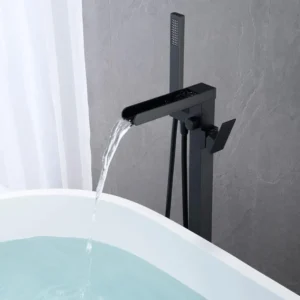 Robinet de baignoire sur pied en laiton noir mat cascade à haut débit avec pulvérisation à main