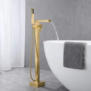Robinet de baignoire sur pied en laiton doré cascade à haut débit avec pulvérisation à main