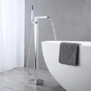 Robinet de baignoire sur pied en laiton argenté cascade à haut débit avec pulvérisation à main