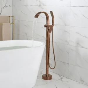 robinet baignoire sur pied bec large cascade douchette or rose